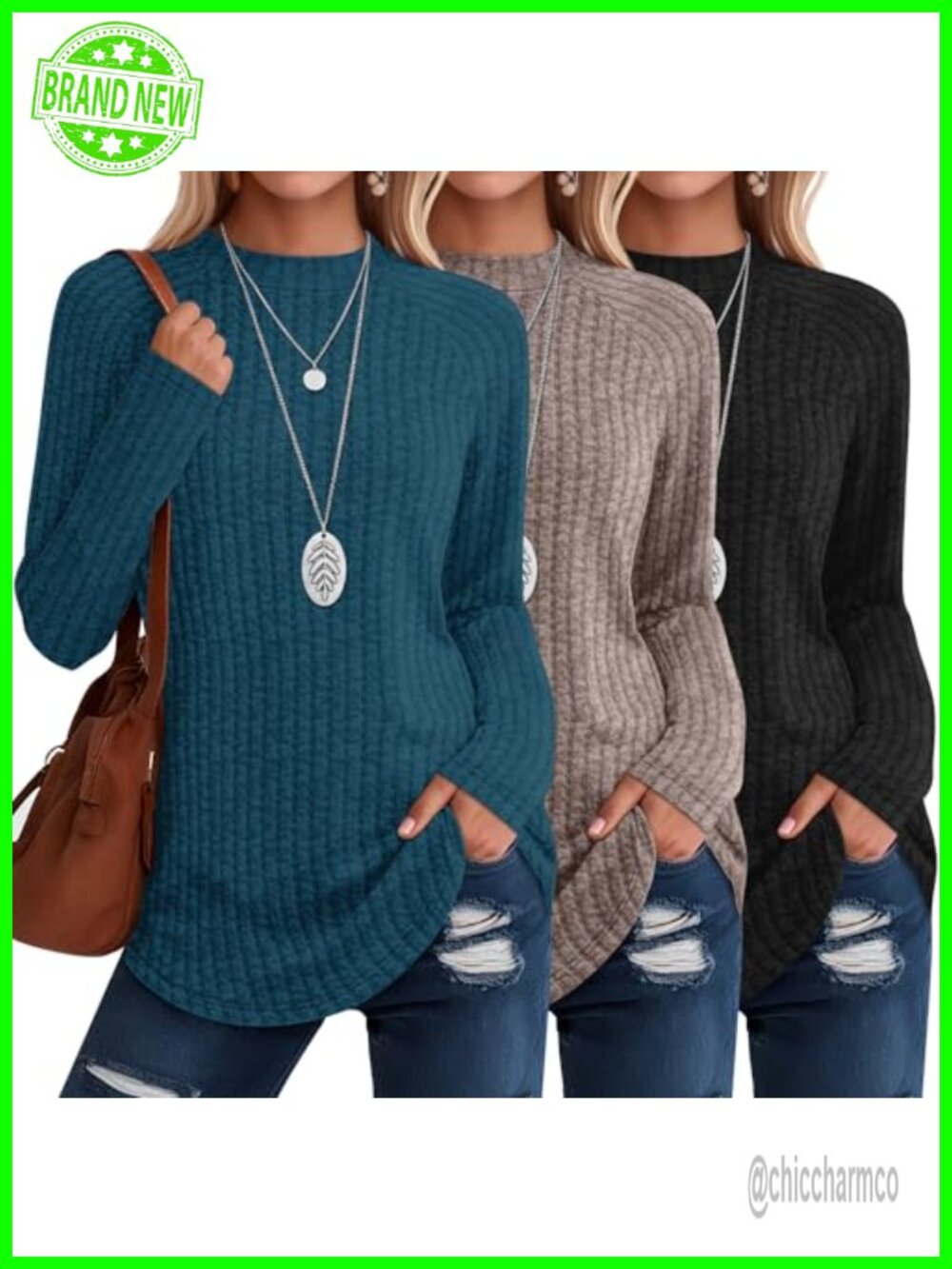 3 Pack Women's Mock Turtleneck Ribbed Knit Long Sleeve Tunic Sweaters